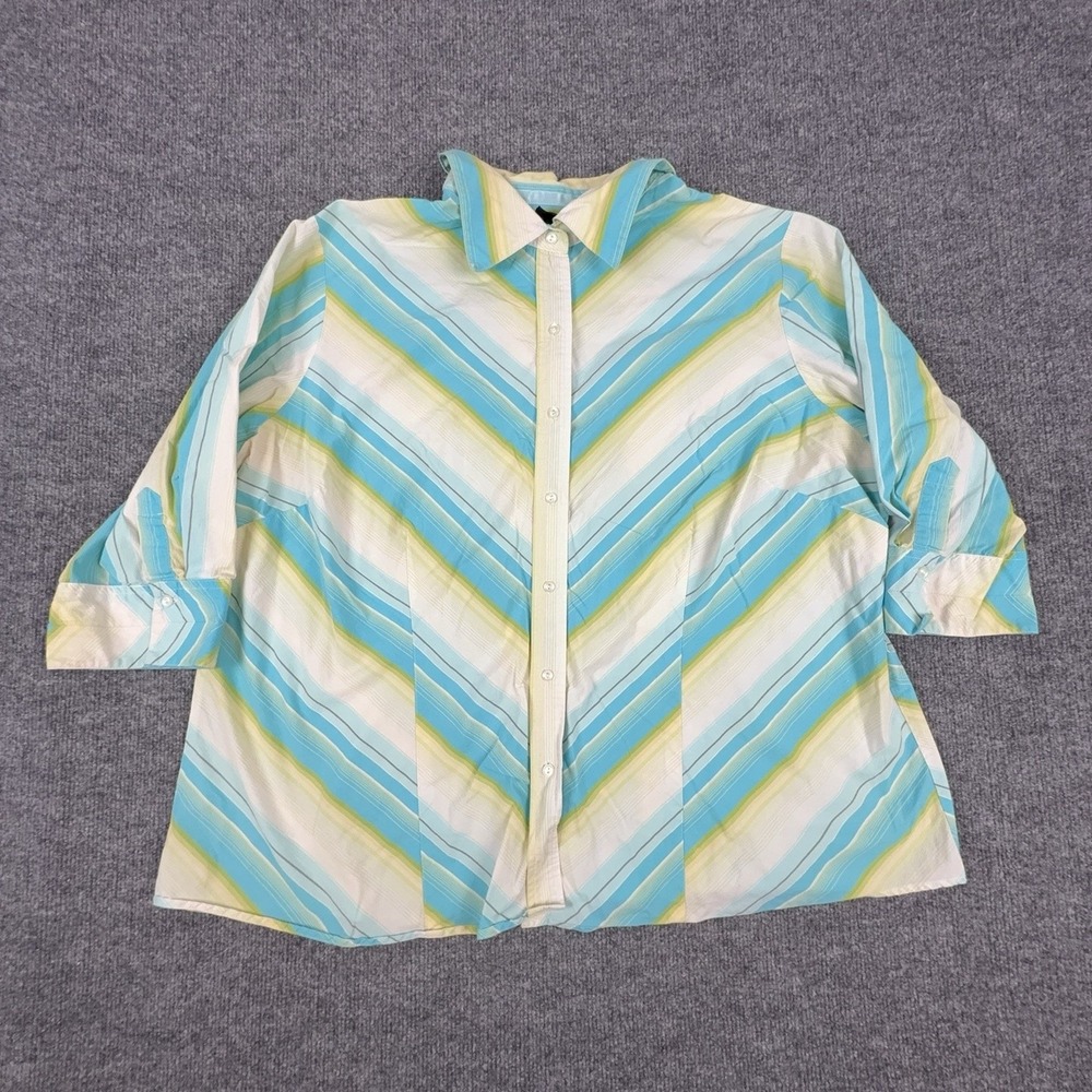 Lane Bryant Button Up Shirt Womens 22W Blue Striped Roll Tab 3/4 Sleeve Top